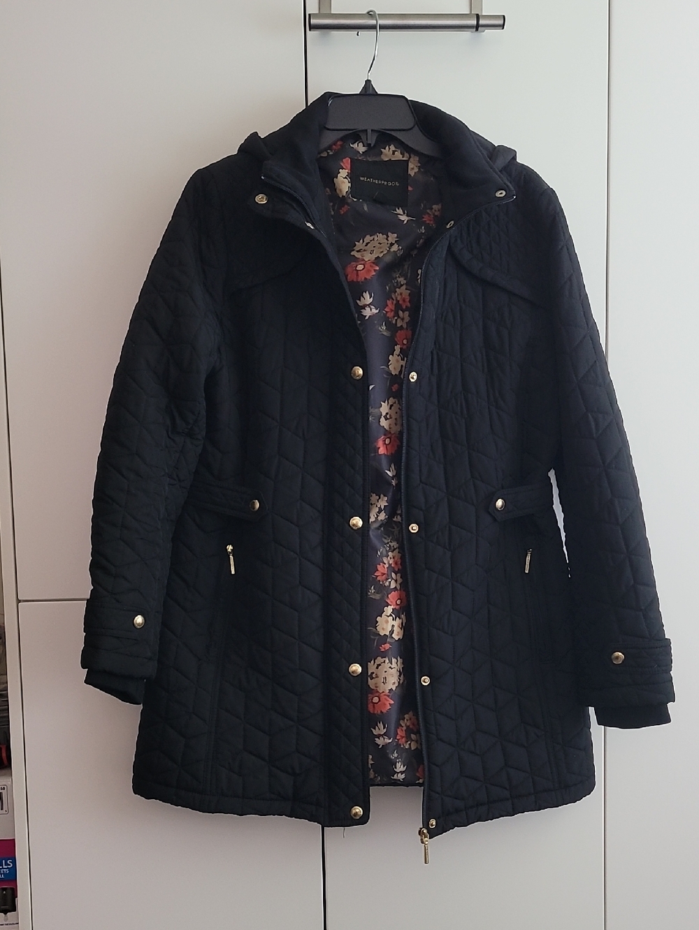 Weatherproof Black Quilted Hooded Puffer Coat with Floral Lining